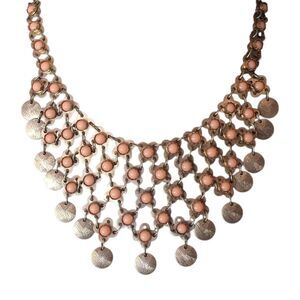 Vintage Gold Tone Coin Bib Necklace | Pink Beads, Boho Festival Jewelry, Lobster